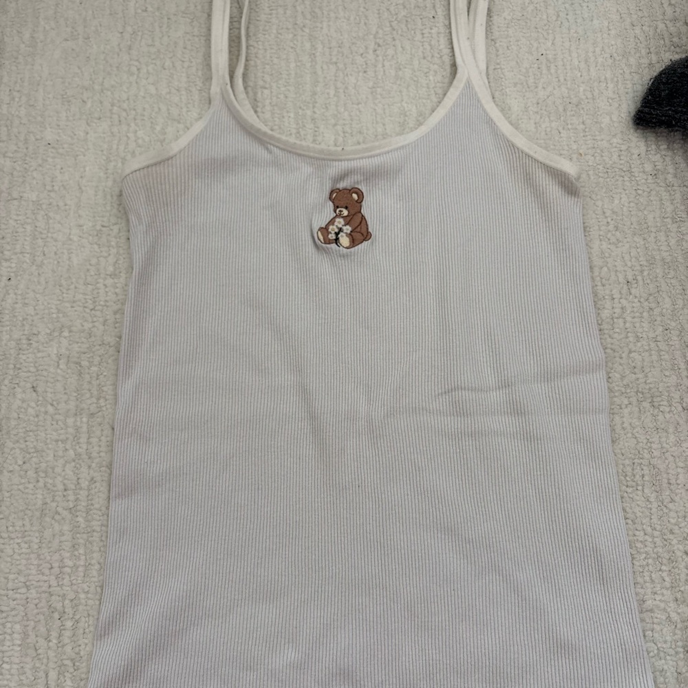 Brandy Melville White Ribbed Chemise with Bear Design